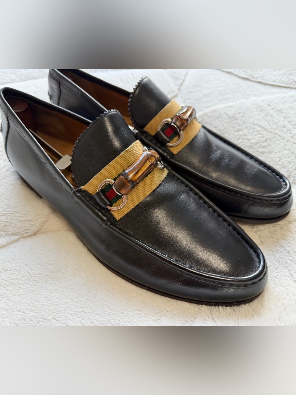 $1,300 Gucci Bamboo Horsebit Black Leather Loafers with Beige Red Green Web 9.5